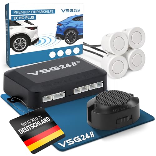 VSG24 Premium Einparkhilfe hinten zum nachrüsten am Auto, PDC Parksensoren hinten mit Stecksystem für einfachste Montage Rückfahrwarner mit Lautsprecher & 4 Sensoren Parkhilfe Nachrüstsatz Weiß