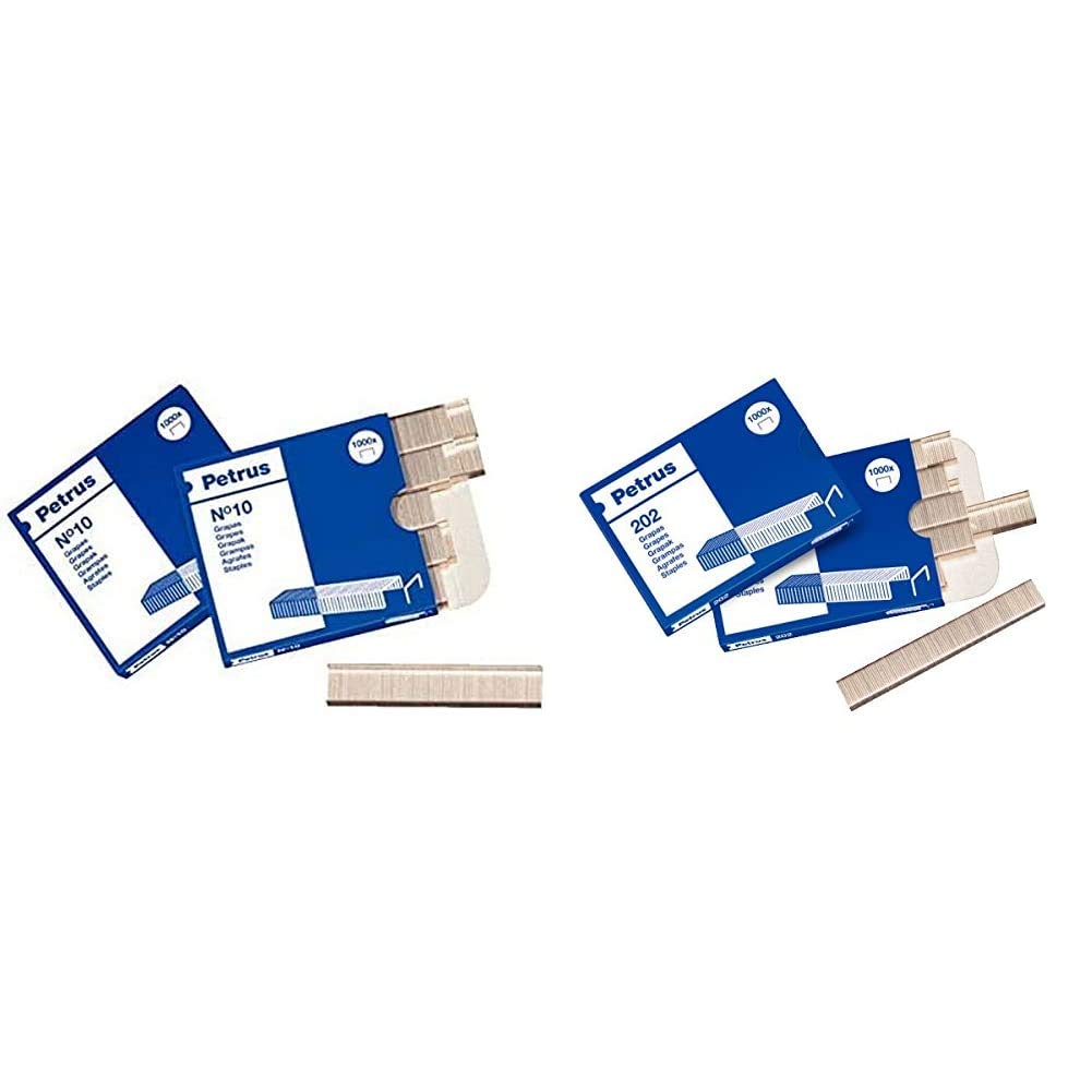 Petrus Grapas, 10 hojas, Largo 4 mm, 1000 grapas, Modelo 10, 55706 + 55700 - Grapas galvanizadas escolar/oficina modelo 202 (x1000)