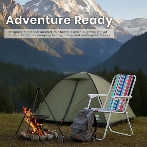 Image of Pivalo Folding Beach Chair with Arm Rest Portable Lightweight Rainbow Stripped Foldable Fishing Chairs for Travelling Picnic & Outdoor Camping Hiking Garden (Medium, Red Stripe)