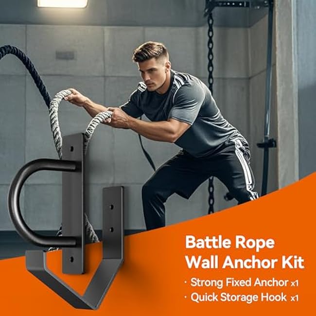 Battle Rope Wall Anchor Kit, Heavy Duty Steel Wall Anchor with Training Rope Organiser, Fitness Rope Wall Mount, Black