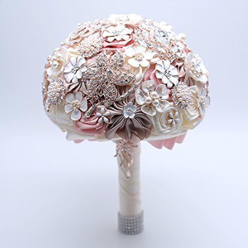 Silk Wedding Flowers Rhinestone Jewelry Blush Pink Brooch Bouquet Gold Broach Dress Wedding Bouquet 20cm Diameter 27cm Height