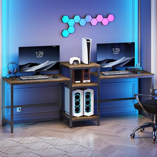 CHOEZON 78.7 Two Person Computer Desk with Power Outlet & 3-Tier Shelf Large Industrial Office Desk with 4 AC Outlets & 2 USB Ports Double Study Desk Rustic Brown & Black TDN02UBF