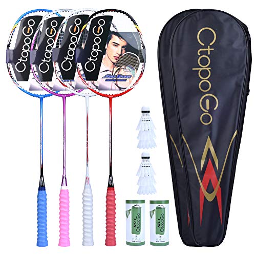 Badminton Rackets Set 4 Pack | Badminton Racket Set Includes 4 Rackets, 6 Nylon Shuttlecocks and 2 Badmintoon Carrying Bags (4 Colors)