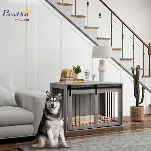 PawHut Hundekäfig 98 cm Hundebox für Zuhause mit Abschließbar Schiebetüren Moderne Metall Indoor Hundehütte für große Hunde Hundehaus 98 x 58 x 61 cm Grau