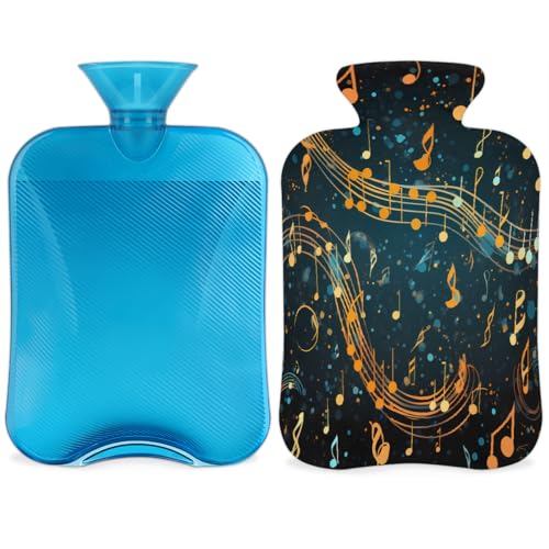 Entemne Bolsa de agua caliente de 2 litros, notas musicales abstractas, galaxia, bolsa de agua caliente con funda, bolsa de terapia reutilizable para aliviar el dolor, calambres menstruales, dolor
