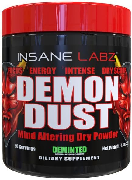 Insane Labz Demon Dust Energy Support and Pre Workout Powder Loaded with Niacin, Vitamin B12, Beta Alanine and Caffeine for Energy, Focus & Endurance, 50 Srvgs (Cinnamonic)