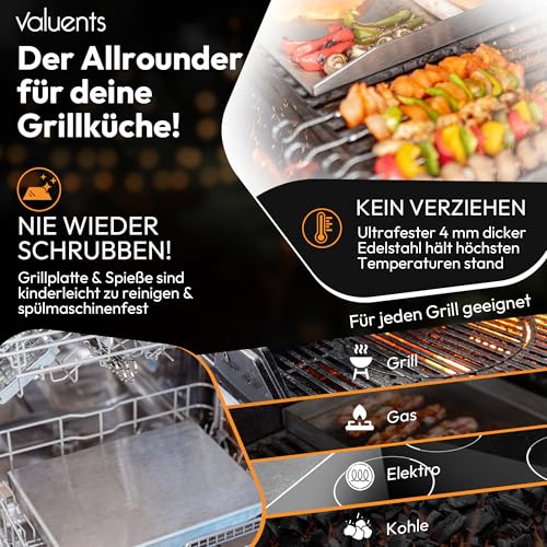 valuents® Grillplatte - Plancha Grill Platte aus dickem & rostfreiem Edelstahl – 40 x 30 cm – für BBQ Gasgrill & Kohlegrill geeignet +PLUS: Bürste & Grillspachtel 4