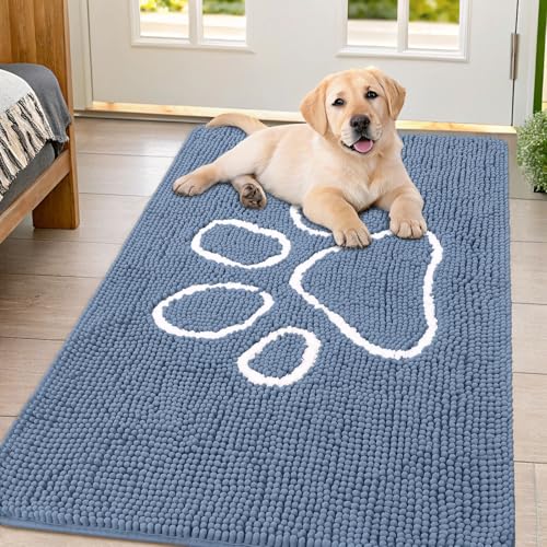 Image of Smiry Dog Door Mat for Muddy Paws, Absorbent Dirt Trapper Non Slip Quick Dry Washable Chenille Mat for Mud Dogs, Entry Rug for Indoor and Outdoor (47x32 Inches, Airy Blue and White)