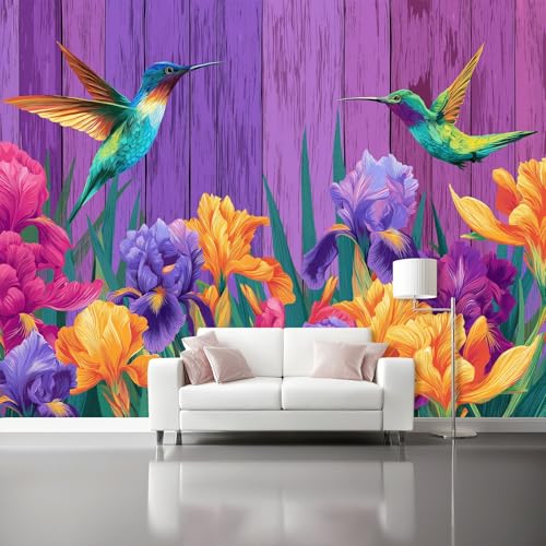 Papel Pintado Pared 300 x 210 cm - Retro Floral Pájaros Papel pintado Morado Mural de Arte Decoración para Comedores Salones Habitaciones Sala Cuarto Oficina Salón