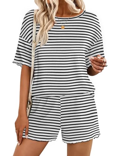Image of Ekouaer Lounge Sets for Women Waffle Knit Pajama Set Shorts 2 Piece Matching Loungewear Summer Outfits with Pockets