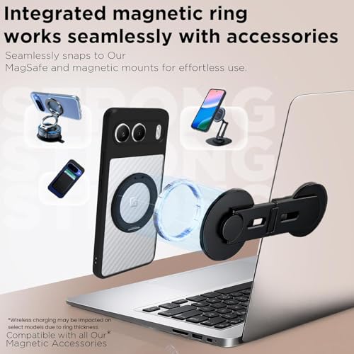 Image of RIGGEAR Shockproof Sleek Hybrid Armor 360 Rotating Magnetic Ring Stand Back Cover Case Compatible with MagSafe Accessories for OnePlus Nord 4 5G (Clear PC + Black TPU Bumper)