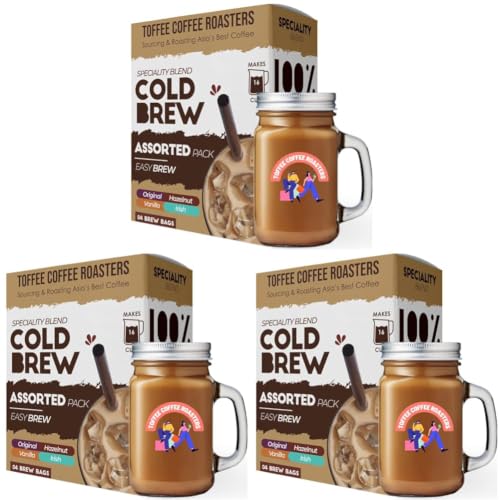 Image of Toffee Coffee Roasters | Assorted Cold Brew Bags | Free Mason Jar | Easy Brew | Pack of 12 | 100% Arabica | Makes 16 Cups