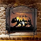 IRONWALLS 3-Panel Folding Fireplace Screens Decorative, 47.6” x 31.4” Metal Bear Fireplace Screens Fire Screen Gate Fence Spark Guard Kid Proof, Heavy Duty Fireplace Screen Black for Home Farmhouse