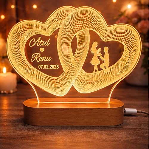 Image of Anniversary Personalized Infinity Heart LED Lamp for Couples | 3D Illusion Custom Night Light for Wedding Marriage & Engagement | Warm White Acrylic Lamp for Wife Romantic Gifts