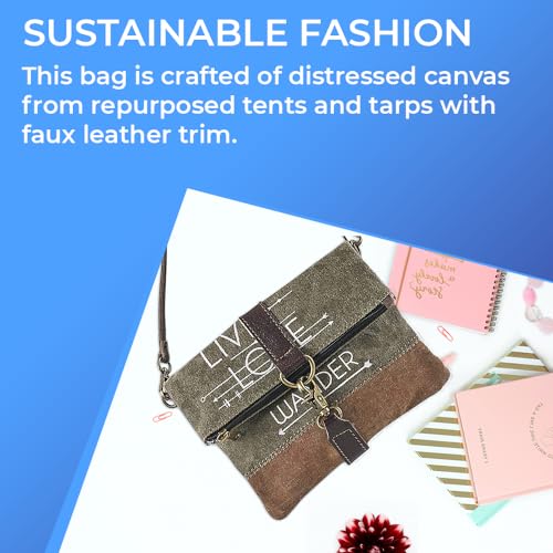 SAGEFINDS Live Love Wander Upcycled Canvas Crossbody Bag | Earth Friendly Materials | Shoulder Purse | Small Clutch | Fold-Over Zip Top | 22” Detachable Strap4