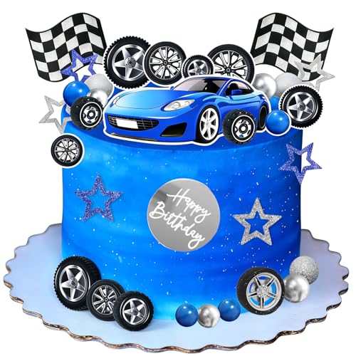 Decoracion Tartas Cumpleaños Coches, 28 PCS Azul Coche Carreras Decoracion Tarta, Decoración Tartas Cars, Coche Cake Topper, Cake Topper de Cars, Ideal Decoración para Fiesta de Cumpleañs Niño