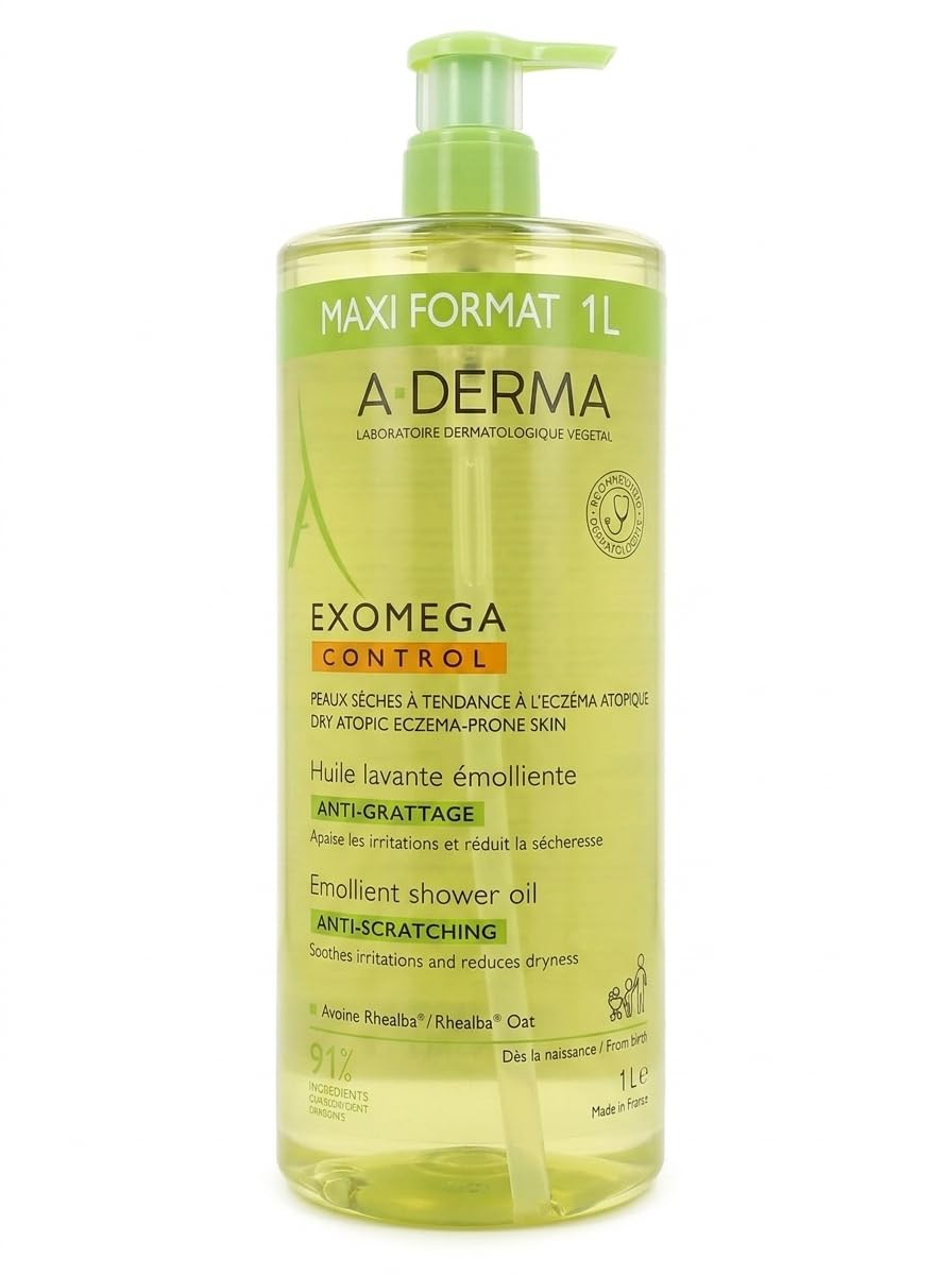 A-DERMA Exomega Control - Aceite de lavado 1L - Aceite de lavado suavizante antiarañazos, para piel seca y propensa a neurodermatitis, cara y cuerpo, limpieza sin jabón, botella de 1000 ml