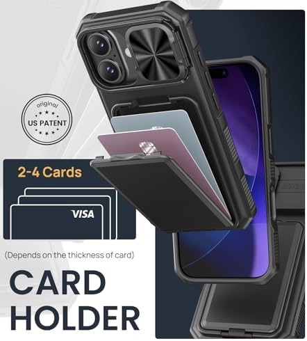 SSLOTSCASE for iPhone 17 Case with Card Holder & Kickstand & Slide Camera Lens Cover & Camera Stand & Wallet, Military-Grade Heavy Duty Hard Rugged Phone Case Cover for iPhone 17 6.3'' 5G 2025, Black - 2
