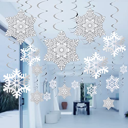 Ouddy Life 51 Pcs Christmas Snowflake Swirl Hanging Decorations, White Silver Snowflake Ornaments Decorations for Christmas New Year Holiday Winter Wonderland Frozen Theme Birthday Party Decorations