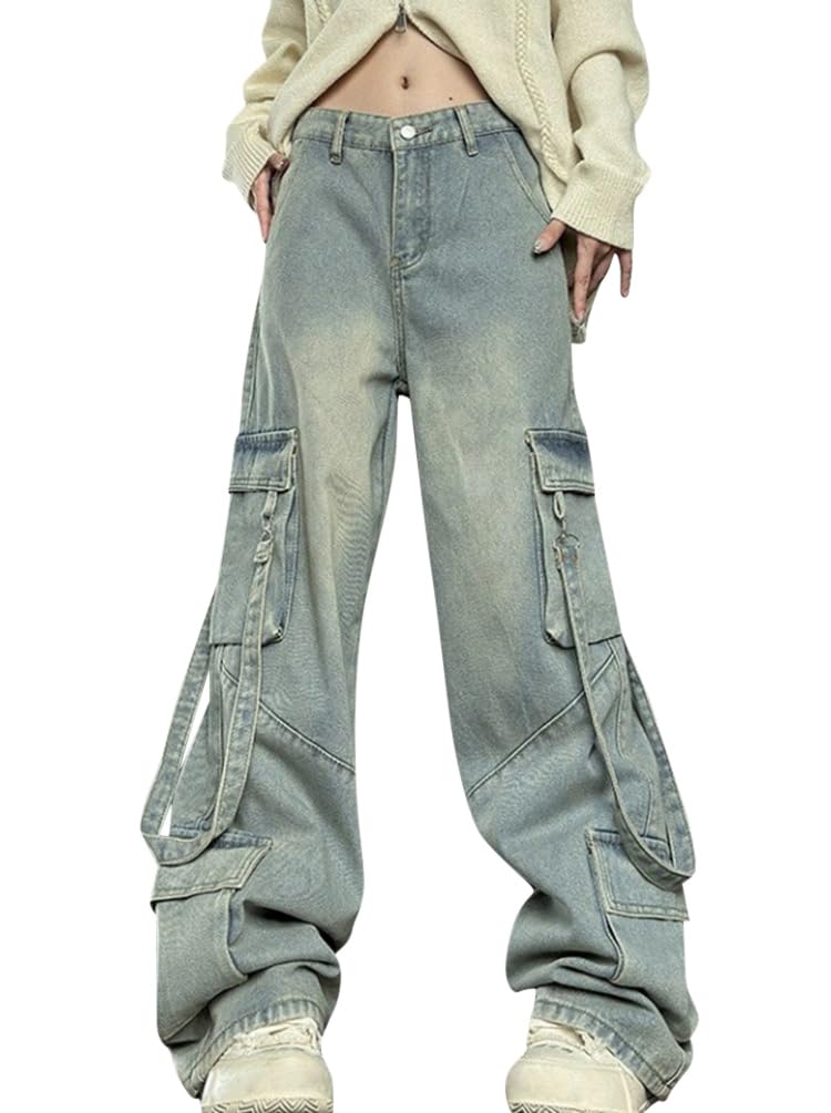 Minetom Jeans Largo Donna Cargo Vita Alta - Stile Retrò Con Tasconi