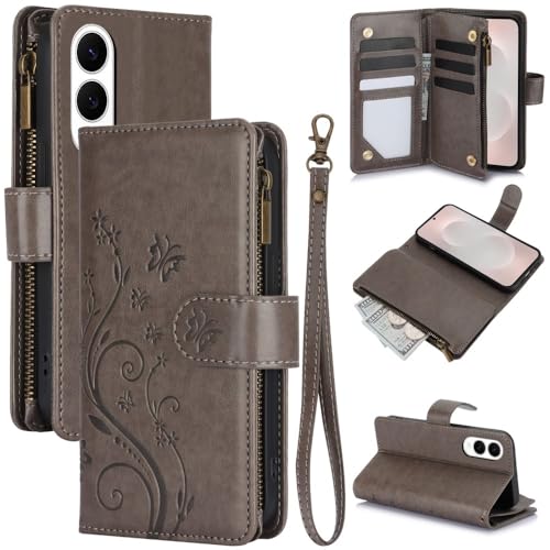 Housse Samsung S23 Ultra grise antichoc portefeuille zippé motif papillon