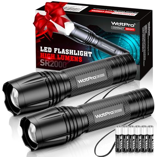 WdtPro LED Flashlight High Lumens SR2000 Pro, 2 Pack Brighter Tactical Flashlights with 5 Modes...