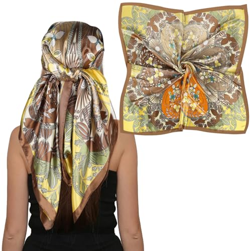EXTREE Women's 35 inch Fashion Headscarf Silk Satin Scarf for Hair Wrapping at Night Bandana Square Scarf for Sleeping Heart-shaped Floral Orange