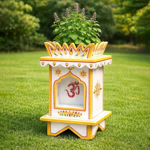 Image of Marble Tulsi Pot with Lotus-Shaped Top for Pooja Room, Mandir, and Home Temple | 15 Inch & 18 inch Premium Marble Design with OM Engraving | Traditional and Elegant Decoration (15 INCH)
