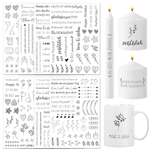 BIROYAL Groß 8 PCS Kerzentattoos (300+ Muster 24x17cm) Wassertransferdruck |Wasserschiebefolie Kerzen | Kerzenfolie | Kerzenaufkleber Sticker |Kerzen Dekorieren | Party-Deko für Erwachsene & Kinder