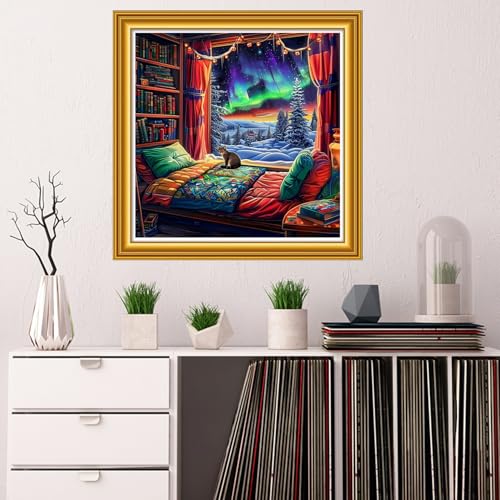 Image of Dooxvey Counted Cross Stitch Kits for Adults 11CT Printed Cross-Stitch Patterns Cross Stitching Embroidery Kit Stamped or Counted Needlepoint Kits-Winter Aurora Snow Scene 18x18 inch