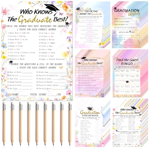 Gueevin 45 Pcs Wildflowers Graduation Party Games Cards Set 6 Games Include 36 Graduation Game Cards and 9 Pencils 2026 Grad Collection Game Party Supplies Gifts for High Senior College School