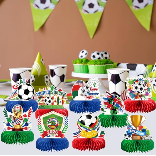 Image of 9pcs World Cup Soccer Decorations 2026, Soccer Sports Theme Honeycomb Centerpieces 3D Double Sided Table Decor Supplies for Football Sports Competition Party Decorations