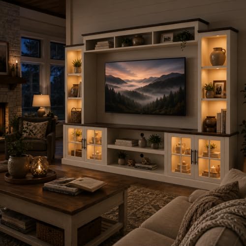 White Farmhouse TV Stand, Entertainment Center, 98" Wall Unit…