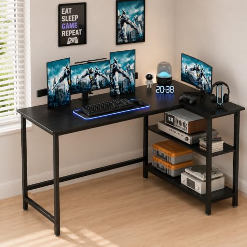 Image of L Shaped Reversible Desk| Gaming Table, Computer Corner Desk, Home Office Writing Desk with Shelf, Space-Saving Workstation Table | Black | 30x50x75 cm