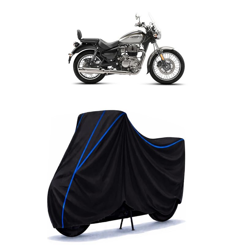 Image of Royal Meteor 350 Aurora Bike Cover Water Resistant Universal Motorcycle Rain | Heavy Duty UV Protection, Dust, Scratch Indoor Outdoor All Weather with Black Blue Piping Elastic
