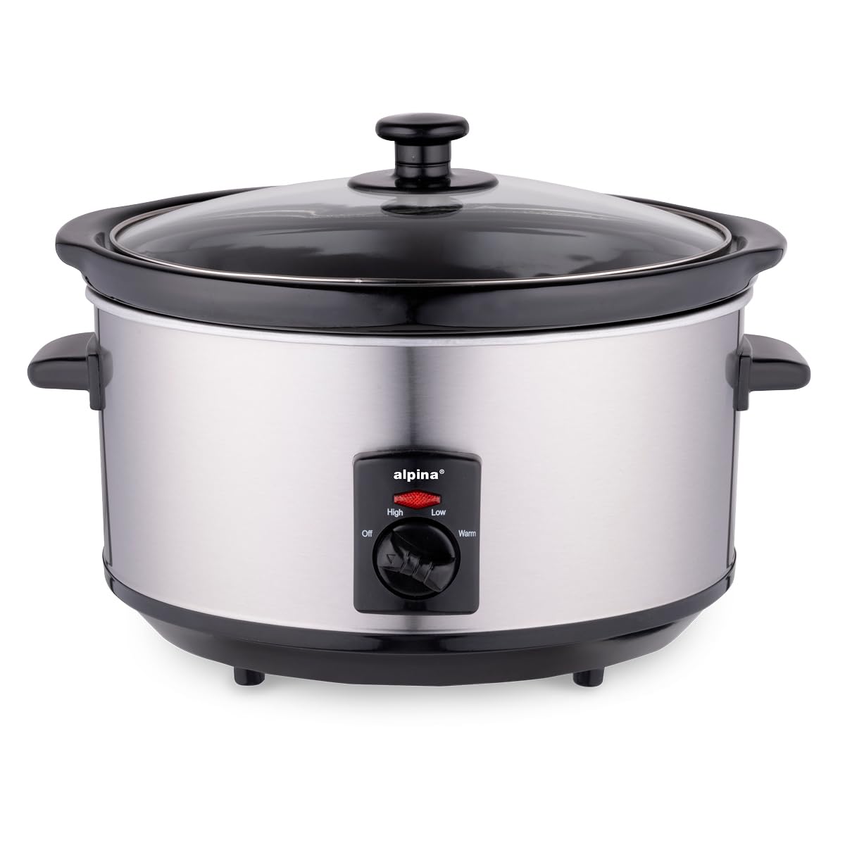 alpina Slow Cooker 3,5L - Multikocher mit Warmhaltefunktion - Crockpot mit Keramik-Innenpfanne und Glasdeckel - Multicooker 240W - Crock Pot Edelstahl, Silber