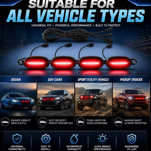 Image of Car Front Grill Set of 4 Pcs Universal Smoked Shell Style DRL Emergency Warning Off-Roading Lights (4 X 4) for All Cars, Vans, SUV, Trucks (Red)