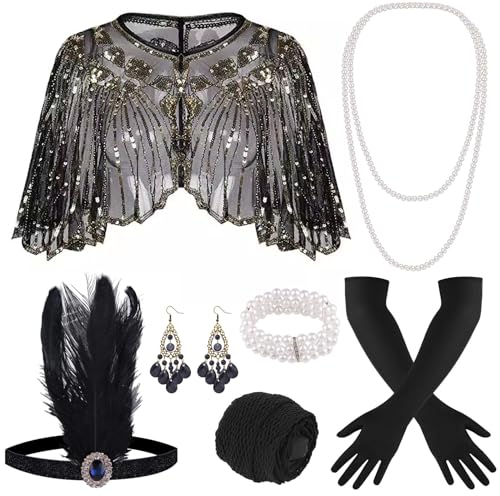 ELFIN 9-teiliges 1920er Flapper Great Gatsby Accessoires-Set Fashion Roaring 20's Theme Set mit Stirnband, Kopfbedeckung, langen schwarzen...