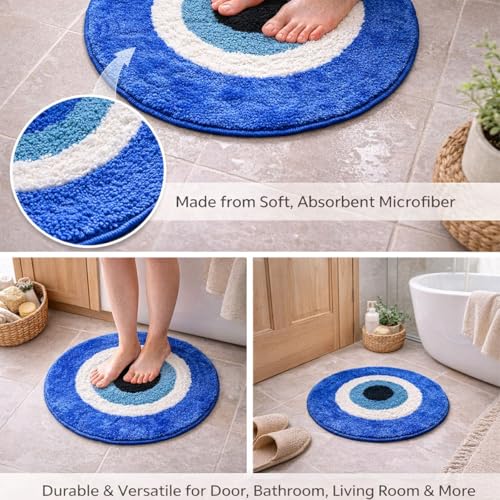 Image of Adequate Decorative Super Soft Round Evil Eye Rangoli Door Mat, Blue, Microfiber, Doormat for Home Entrance| Bedroom| Bathroom| Kitchen| Living| Pooja Room| Temple| Floor mat (Round Evil Eye mat)
