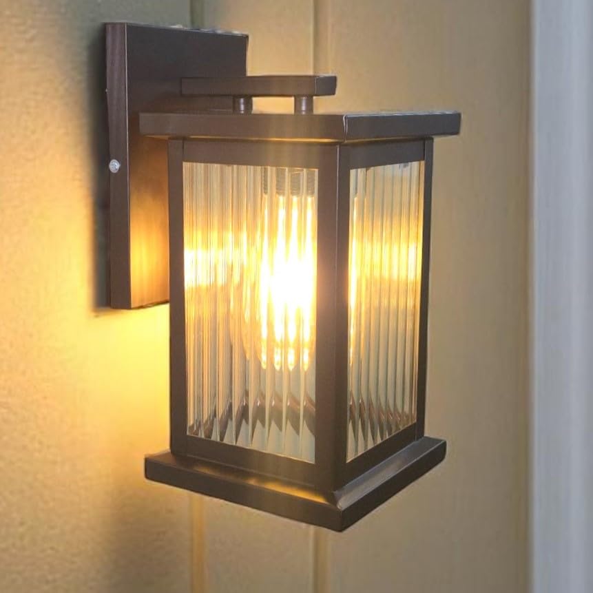 Image of GreyWings Classic Outdoor Wall Light for Home, Brown Metal Frame with Ribbed Glass, E27 Big Threaded Holder, Wall Lamp, Pack of 1