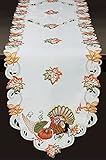 Creative Linens Fall Harvest Thanksgiving Table Runner 15x87 Inch, Embroidered Turkey Pumpkin Maple Leaf Sunflower Dresser Scarf Ivory Holiday Decoration