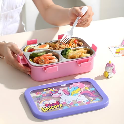 Image of Kids Tiffin Box Stainless Steel Lunch Box for School Boys & Girls | Leakproof Bento Lunch Box with 3 Compartments | Food Grade 304 Steel | Lunch Box for Kids School, Snacks & Office Use 700ML