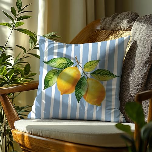 Image of Blue and Yellow Summer Italian Mediterranean Amalfi Coast Lemon Pillow Cover Decor 18x18,Italian Striped Decorative Throw Pillow Cover Decor for Couch Double-Sided