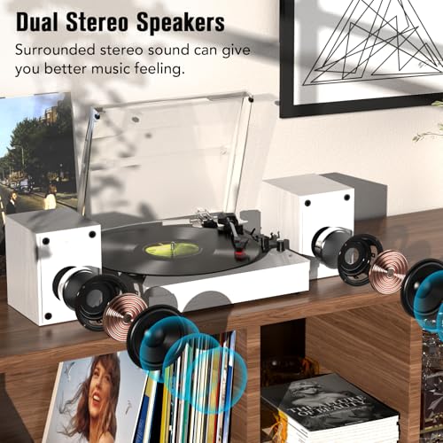 Image of Retrolife Record Player with 2 External Speakers, Vinyl Turntable, White | 3-Speed Belt-Drive Turntable for 33 /45 /78 RPM Vinyl, Bluetooth Wireless Playback, Auto Stop, AUX Headphone Input and RCA Out