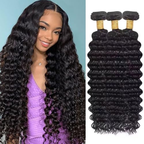 Human Hair Bundles Deep Wave Curly Bundle Human Hair Brazilian Virgin Hair 16 18 20 Inch 3 Bundles for Women 10A Grade Unprocessed Deep Curly Hair Bundle Weave Extensions Natural Black
