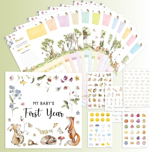 WOODAMORE Baby Calendar First Year with Stickers - Wildflower Baby First Year Memory Book Babies Milestone Calendar Tracker Babies 1st Book Keepsake for Newborn Girl