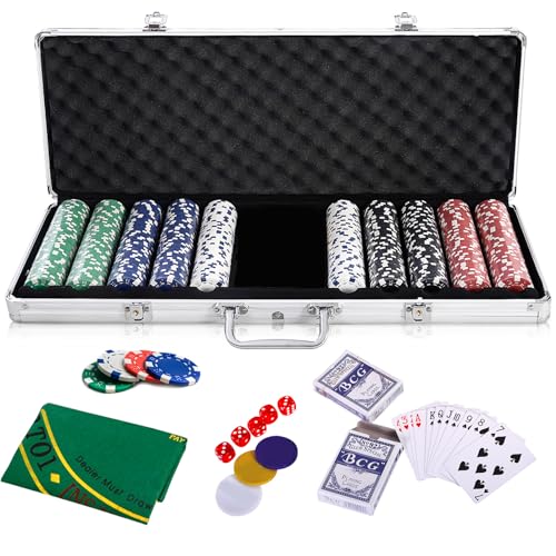 HOMASIS Pokerset mit 500 Chips, Poker Koffer mit 2 Kartendecks, 5 Würfel, Kasino-Matte, 3 Dealer Button, abschließbar Pokerkoffer Profi aus Alu, Komplettes Poker Set Pokerkarten für Partys (Silver)