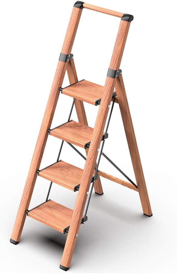 4 Step Ladder,Folding Step Stool with Convenient Handgrip for Home,Office,Kitchen, Aluminum Lightweight Portable Step Stool with Anti-Slip Sturdy Pedal, Black, 330 lbs Capacity - - 