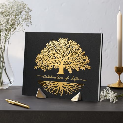 Image of Funeral Guest Book for Celebration of Life, in Loving Memory Sign in Book | 320 Entries, Table Sign Card Included, Gold Stamping, Twill-Textured Paper Cover, Memorial Keepsake, 9x7.5 inch, Tree