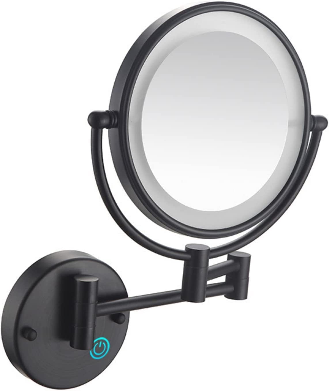 YRUIIA Espejo de maquillaje LED montado en la pared con aumento 3X, aumento de doble cara de 8 pulgadas con brazo extensible giratorio de 360°, espejo de maquillaje, negro, cableado